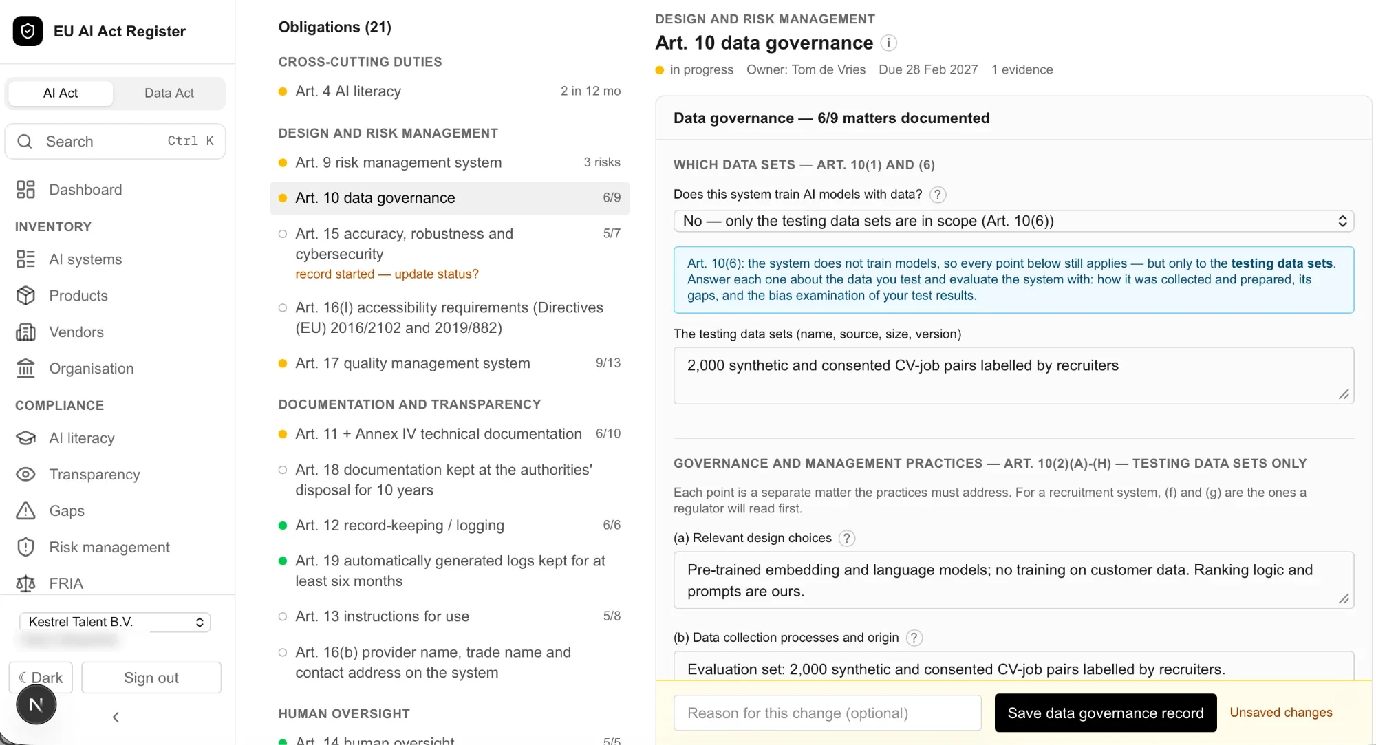 Obligations view of the register: the AI Act obligations for one system grouped by theme with their status, and the Art. 10 data governance record being completed point by point